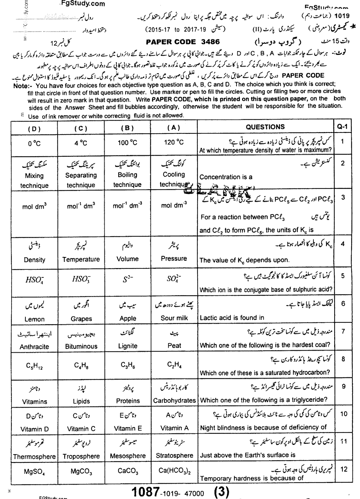 10th Class Chemistry Past Paper 2019 Group 2 Objective Sargodha Board